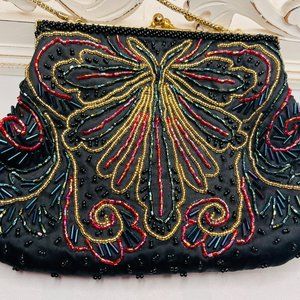 🦋 Vintage European Black Beaded Purse – Handmade Butterfly Design